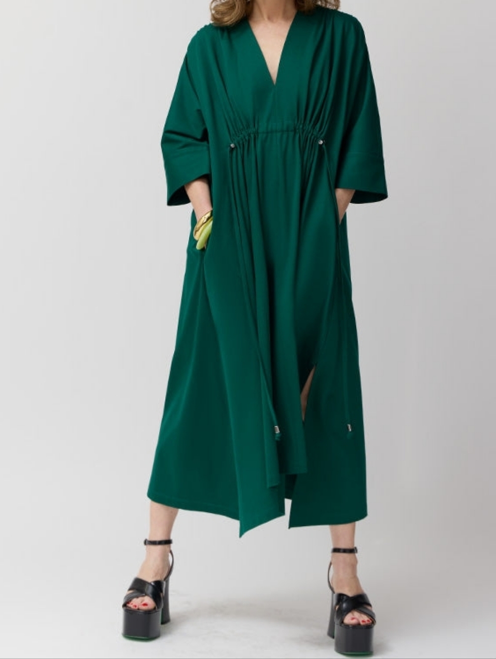 Carla Rockmore Deep Green V-Neck Maxi Dress with Gathered Waist Small